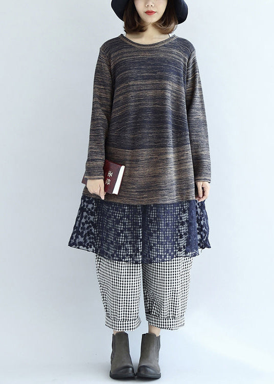 New Multi Blue Cotton Patchwork Lace Knit Dresses Mid Sweater Dress