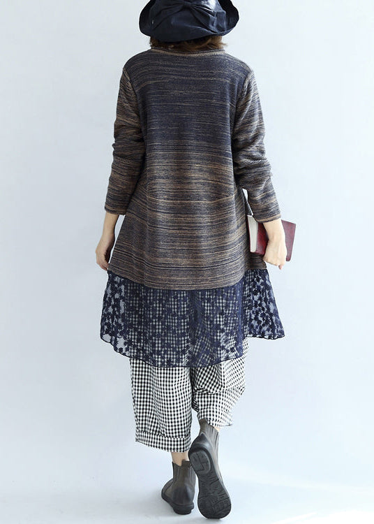 New Multi Blue Cotton Patchwork Lace Knit Dresses Mid Sweater Dress