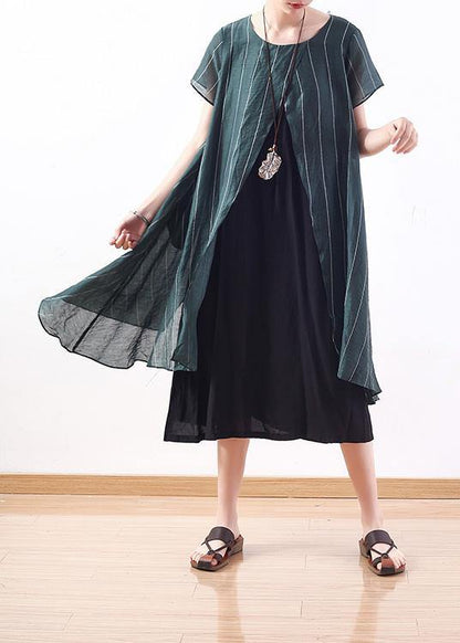 New Original Design Green Art Thin O Neck Two Pieces of Pinstripe Dress