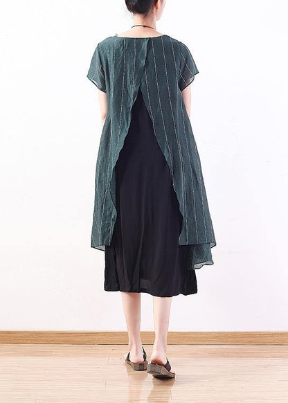 New Original Design Green Art Thin O Neck Two Pieces of Pinstripe Dress