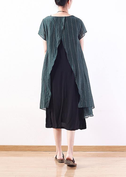 New Original Design Green Art Thin O Neck Two Pieces of Pinstripe Dress