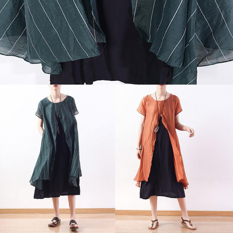 New Original Design Green Art Thin O Neck Two Pieces of Pinstripe Dress