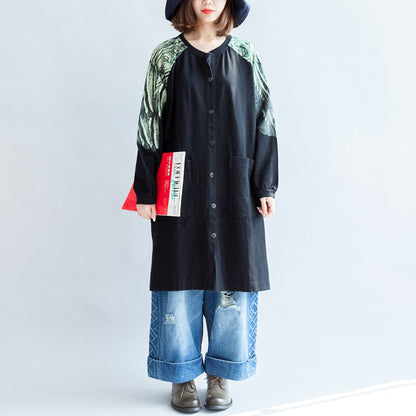 New Oversize Patchwork Green Prints Cotton Outwear Pockets Fall Coats