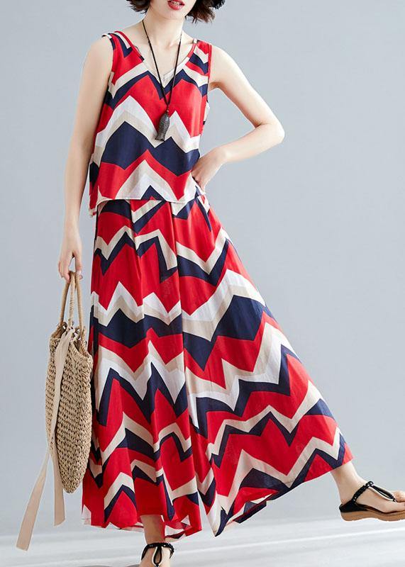 New Red Cotton Two Pieces Sleeveless Prints Linen Tops and Wide Leg Pants