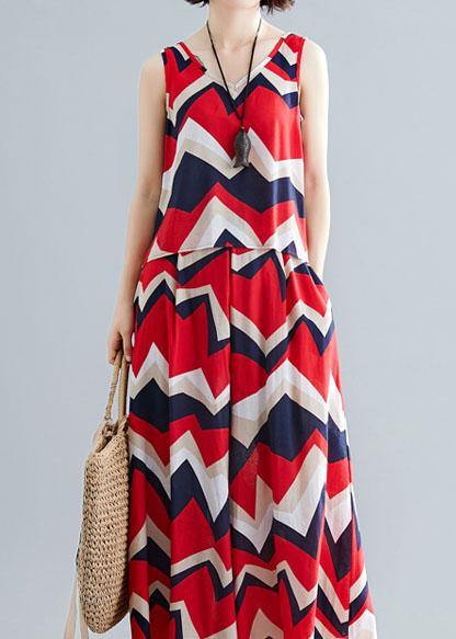 New Red Cotton Two Pieces Sleeveless Prints Linen Tops and Wide Leg Pants