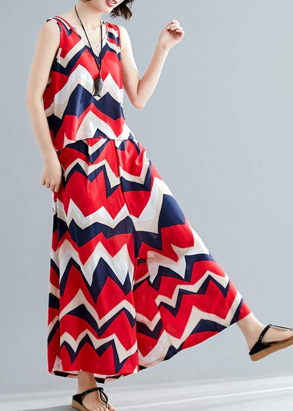 New Red Cotton Two Pieces Sleeveless Prints Linen Tops and Wide Leg Pants