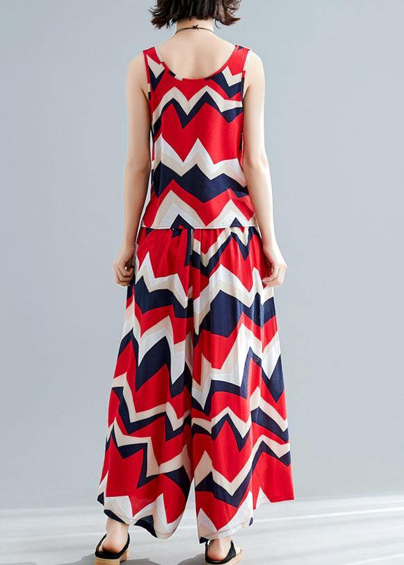 New Red Cotton Two Pieces Sleeveless Prints Linen Tops and Wide Leg Pants
