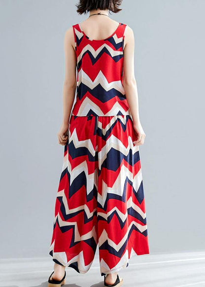 New Red Cotton Two Pieces Sleeveless Prints Linen Tops and Wide Leg Pants