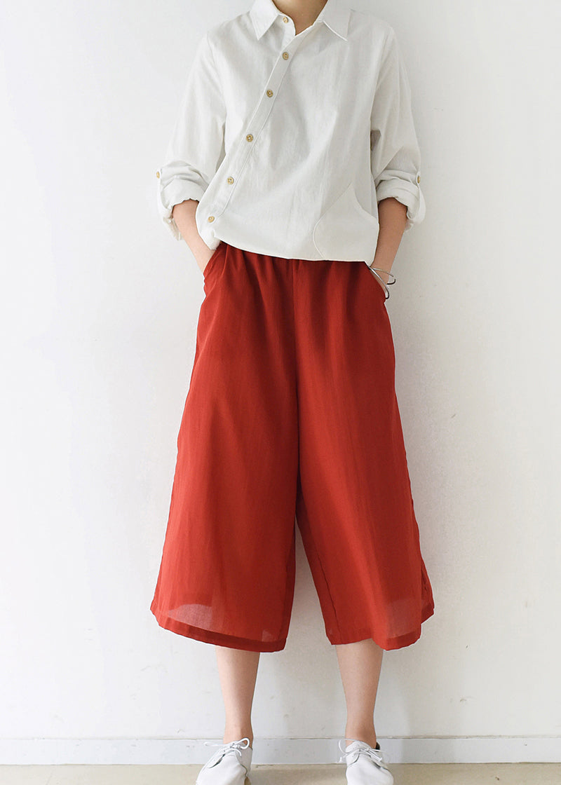New Red Cotton Wide Leg Pants Elastic Waist Pants