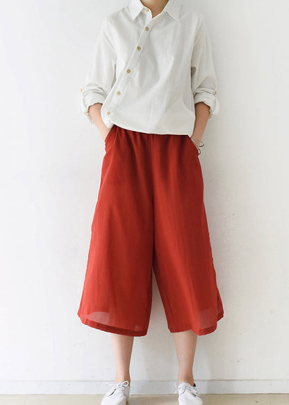 New Red Cotton Wide Leg Pants Elastic Waist Pants