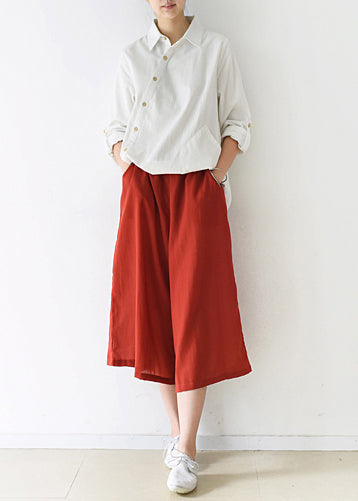New Red Cotton Wide Leg Pants Elastic Waist Pants