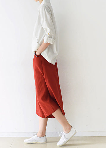New Red Cotton Wide Leg Pants Elastic Waist Pants