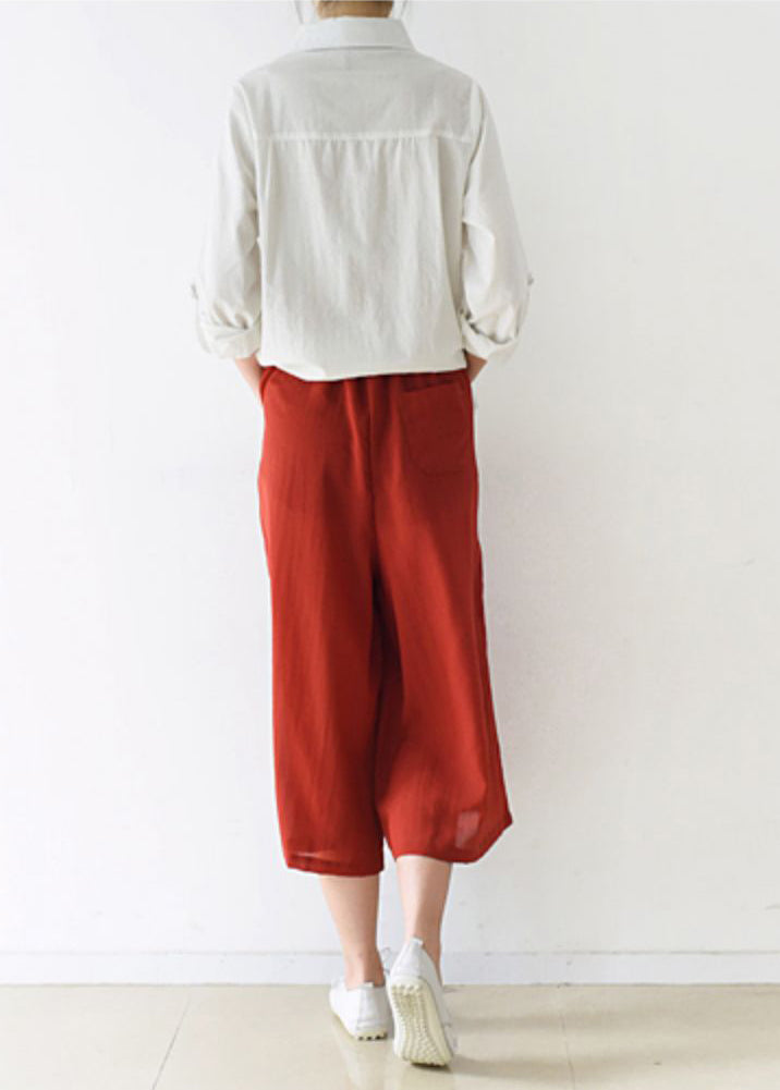New Red Cotton Wide Leg Pants Elastic Waist Pants