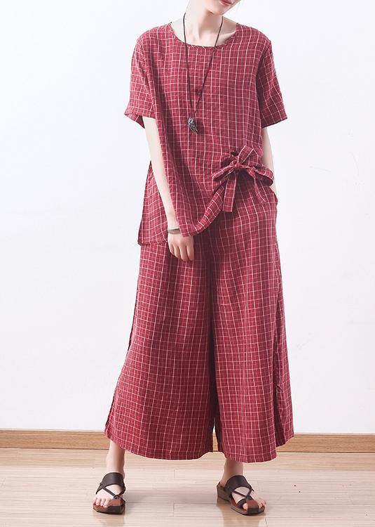 New Red Plaid Silk Two Pieces Pullover and Crop Pants