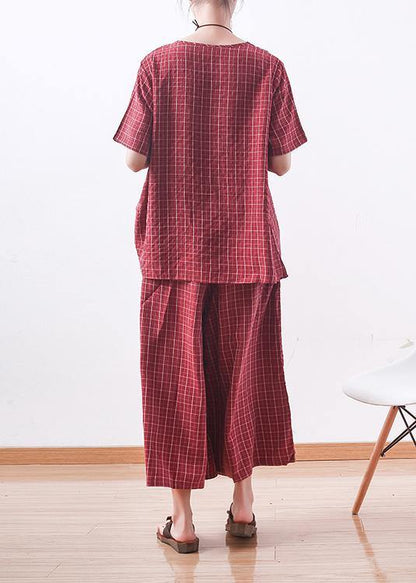 New Red Plaid Silk Two Pieces Pullover and Crop Pants