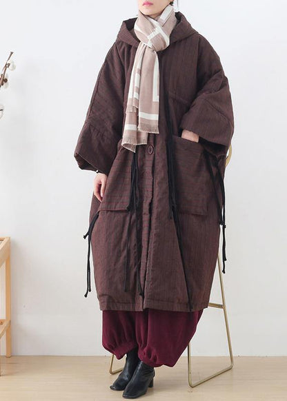 New Ribbon Big Pocket Hooded Cotton Coat Long Thick Padded Overcoat