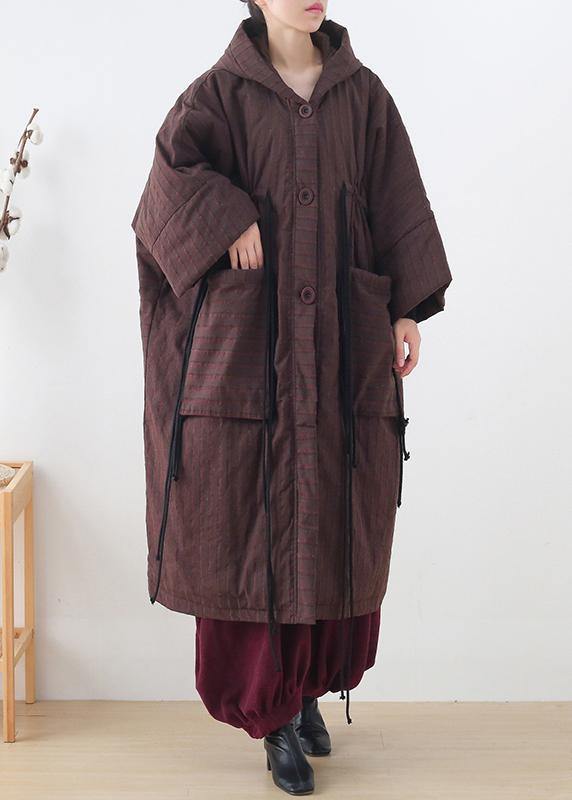 New Ribbon Big Pocket Hooded Cotton Coat Long Thick Padded Overcoat