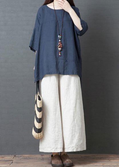 New Summer Navy O Neck Cotton Tops and White Wide Leg Pants