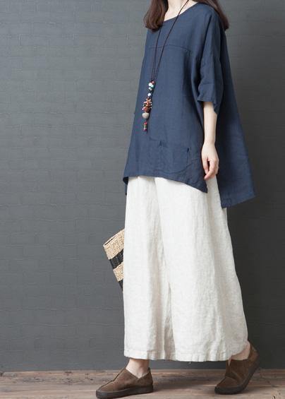 New Summer Navy O Neck Cotton Tops and White Wide Leg Pants