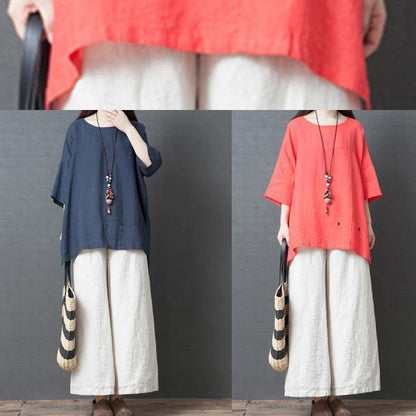 New Summer Navy O Neck Cotton Tops and White Wide Leg Pants