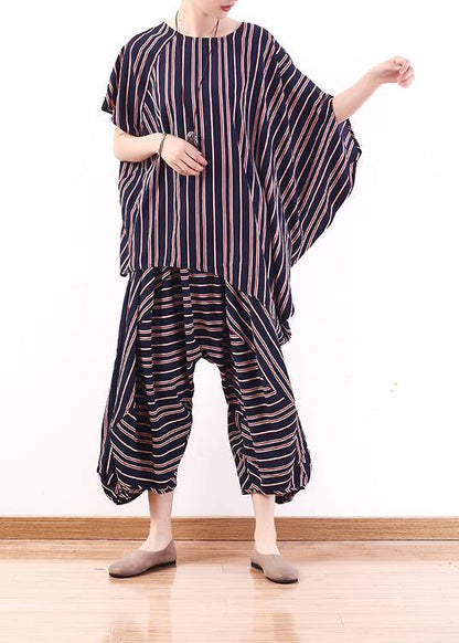 New Summer Stylish Red Blue Striped Batwing Sleeve Tops and Lantern Pants