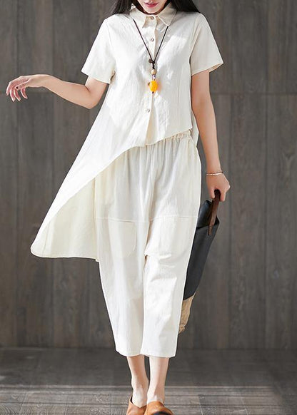 New White Asymmetric Tops and Elastic Waist Harem Pants Fshion Two Pieces
