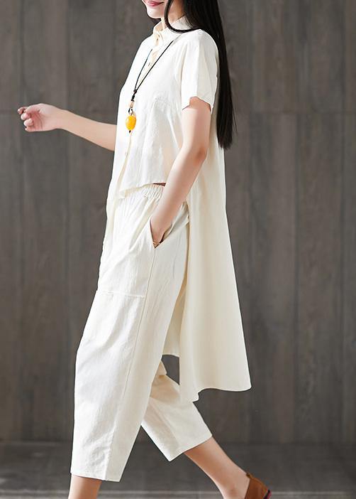 New White Asymmetric Tops and Elastic Waist Harem Pants Fshion Two Pieces