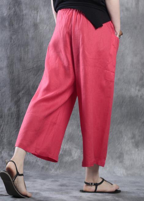 New White Red Linen Crop Pants