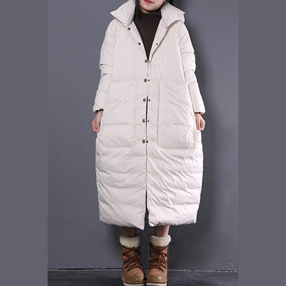 New White Winter Oversize Hooded Down Coat Fine Large Pockets Trench Down Coat