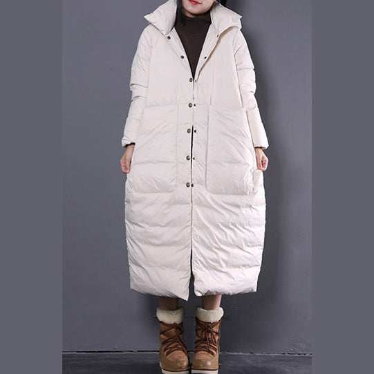 New White Winter Oversize Hooded Down Coat Fine Large Pockets Trench Down Coat