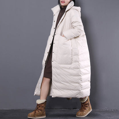 New White Winter Oversize Hooded Down Coat Fine Large Pockets Trench Down Coat