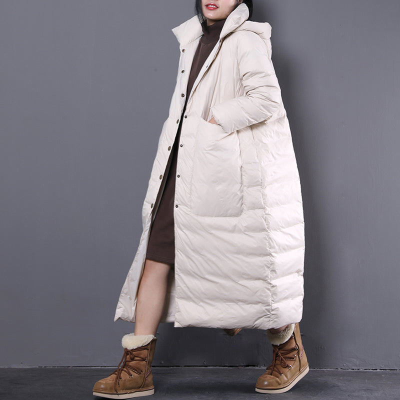 New White Winter Oversize Hooded Down Coat Fine Large Pockets Trench Down Coat