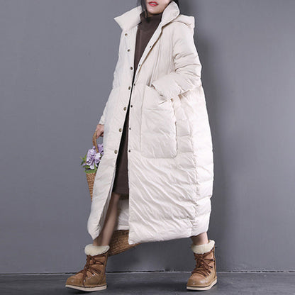 New White Winter Oversize Hooded Down Coat Fine Large Pockets Trench Down Coat