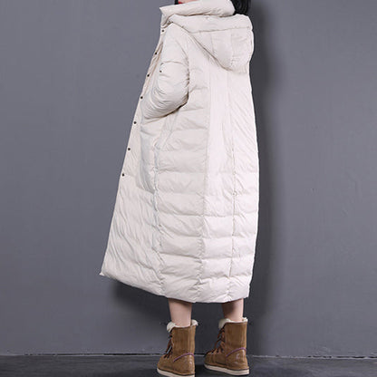 New White Winter Oversize Hooded Down Coat Fine Large Pockets Trench Down Coat