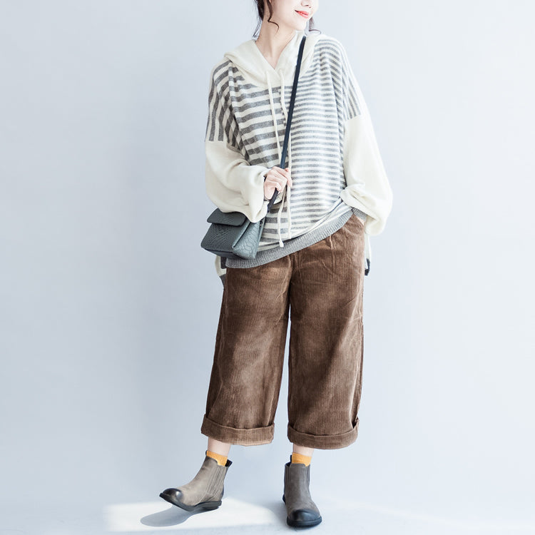 New Winter Striped Patchwork Woolen Sweater Hooded Long Sleeve Knit Tops