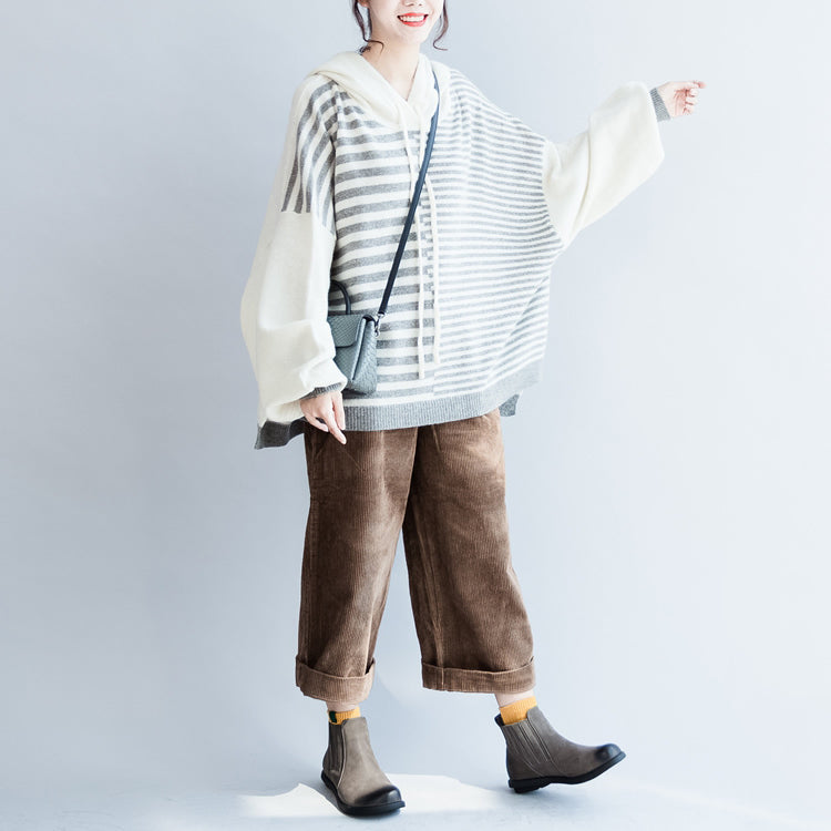 New Winter Striped Patchwork Woolen Sweater Hooded Long Sleeve Knit Tops