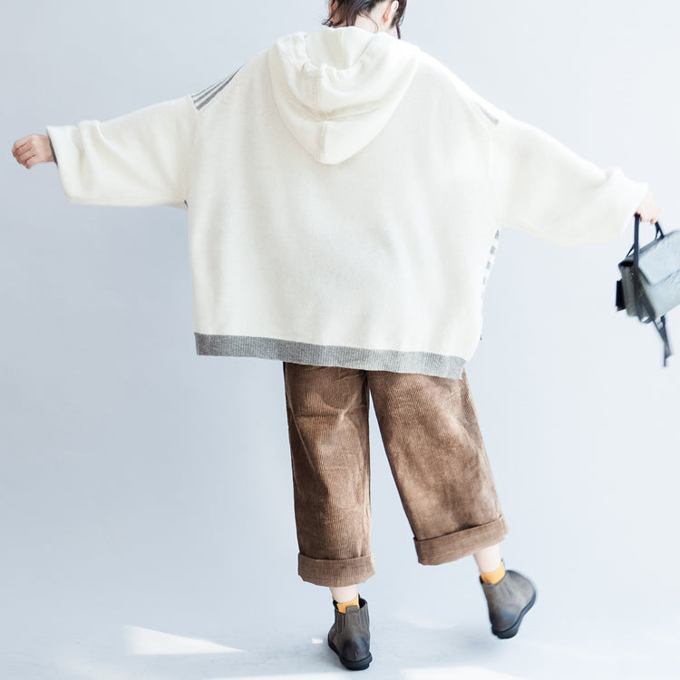 New Winter Striped Patchwork Woolen Sweater Hooded Long Sleeve Knit Tops
