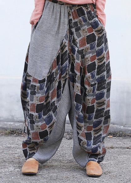 New Black Plaid Linen Lantern Pants Loose Patchwork Harem Pants
