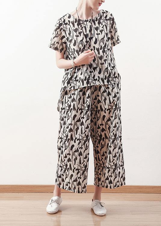 New Black Prints Linen O Neck Tops and Straight Pants
