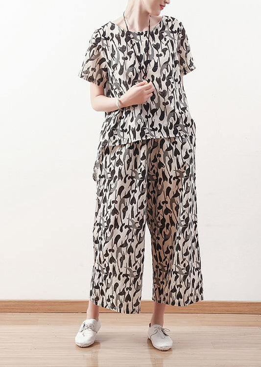 New Black Prints Linen O Neck Tops and Straight Pants