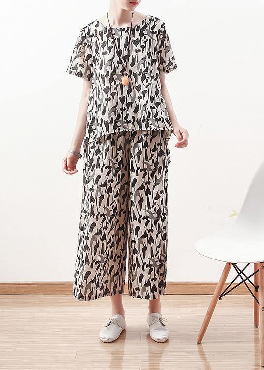 New Black Prints Linen O Neck Tops and Straight Pants