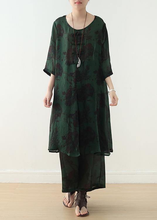New Chiffon Two Pieces Red Prints O Neck Tops and Wide Leg Pants