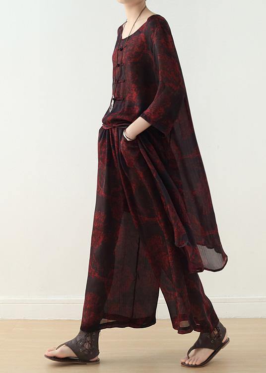 New Chiffon Two Pieces Red Prints O Neck Tops and Wide Leg Pants