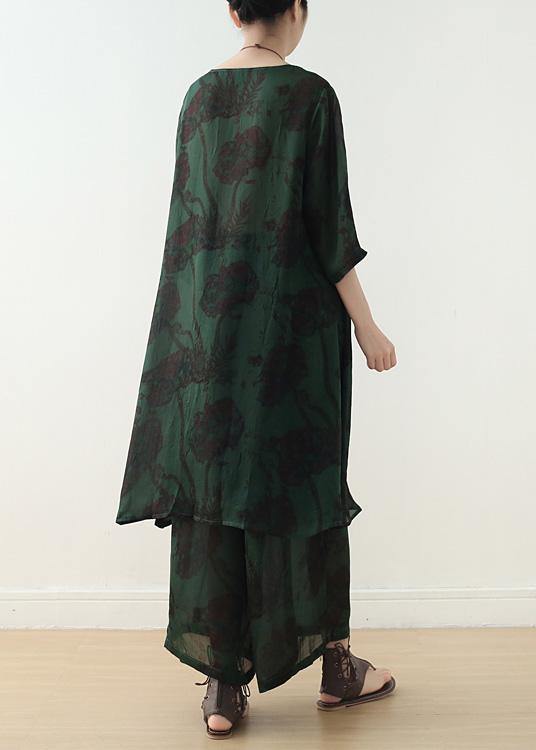 New Chiffon Two Pieces Red Prints O Neck Tops and Wide Leg Pants
