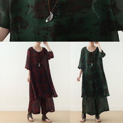 New Chiffon Two Pieces Red Prints O Neck Tops and Wide Leg Pants