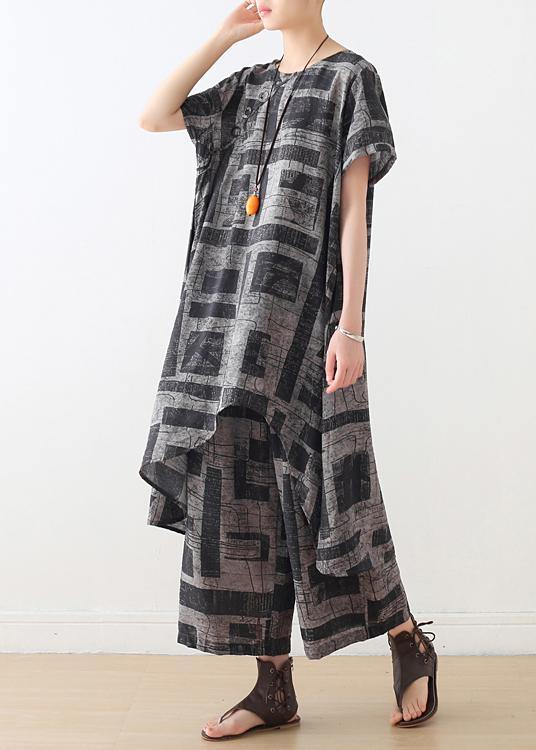 New Linen Short Sleeve Side Open Tops With Wide Leg Pants Two Pieces