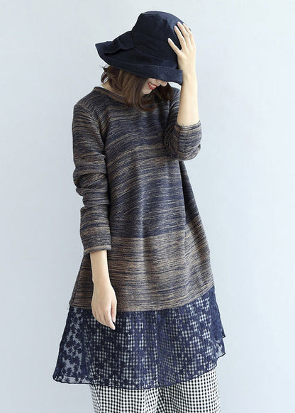 New Multi Blue Cotton Patchwork Lace Knit Dresses Mid Sweater Dress
