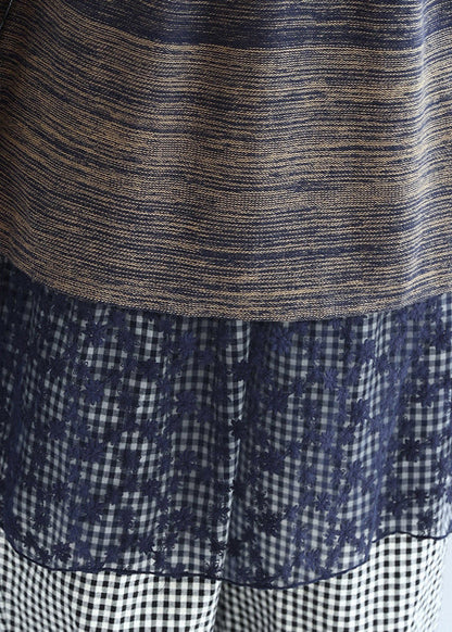 New Multi Blue Cotton Patchwork Lace Knit Dresses Mid Sweater Dress