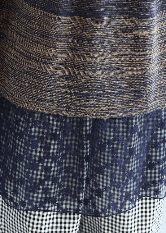 New Multi Blue Cotton Patchwork Lace Knit Dresses Mid Sweater Dress