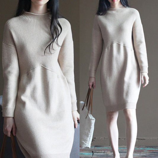 Nude Winter the Rabbit Wool Blended Knit Dresses Loose Patchwork Sweater Dress